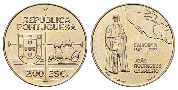 Португалия 200 эскудо 1992 450 лет открытию Калифорнии KM 661 медно-никель UNC 74-833