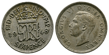 Великобритания 6 пенсов 1948 Георг VI (1936-1952) KM 862, Spink 4105 медно-никель 4381-917