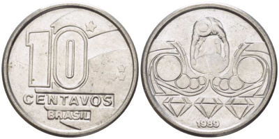 Бразилия 10 сентаво 1989 золотодобыча KM 613 нержавеющая сталь 112-157