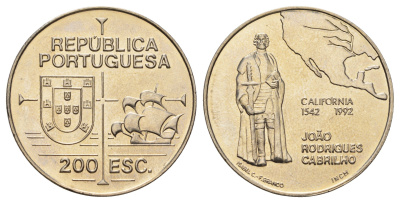 Португалия 200 эскудо 1992 450 лет открытию Калифорнии KM 661 медно-никель UNC 74-833