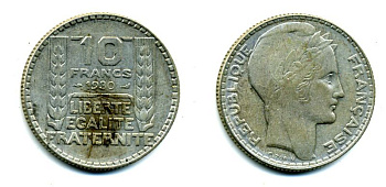 Франция 10 франков 1930 Пьер Тюрен KM 878, Le Franc 360.3 серебро 37-343