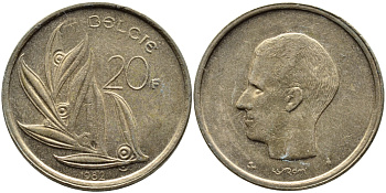 БЕЛЬГИЯ 20 ФРАНКОВ 1982 BELGIE KM 160 никель бронза 63-516