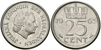 НИДЕРЛАНДЫ 25 ЦЕНТОВ 1963 ЮЛИАНА KM 183 никель 96-155