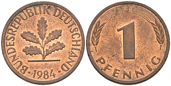 ФРГ 1 ПФЕННИГ 1984 J KM 105, J.380 сталь плакированная медью 75-428
