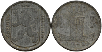 Бельгия 1 франк 1946 Belgie - Belgique, Леопольд III (1934-1947), германская оккупация, Вторая мировая война KM 128 цинк 4161-615