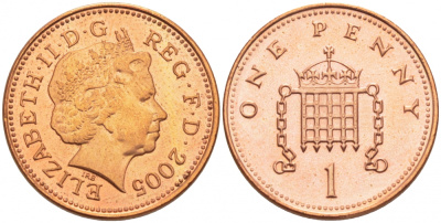 Великобритания 1 пенни 2005 Елизавета II (1952-2022) KM 986, Spink 4710 (B5) сталь плакированная медью UNC 112-1041