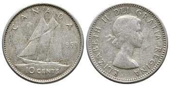 КАНАДА 10 ЦЕНТОВ 1959 ПАРУСНИК, ЕЛИЗАВЕТА II KM 51 серебро 179-1069
