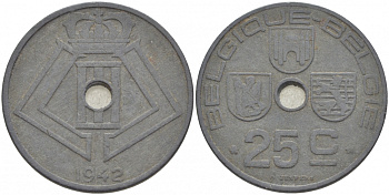 БЕЛЬГИЯ 25 САНТИМОВ 1942 BELGIQUE-BELGIE, ГЕРМАНСКАЯ ОККУПАЦИЯ, ВТОРАЯ МИРОВАЯ ВОЙНА KM 131 цинк 4529-1133