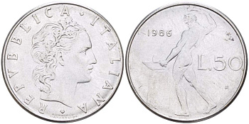 ИТАЛИЯ 50 ЛИР 1986 R, КУЗНЕЦ, ВУЛКАН БОГ ОГНЯ, ДИАМЕТР 25 ММ. KM 95.1 нержавеющая сталь 98-714