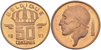 БЕЛЬГИЯ 50 САНТИМОВ 1993 BELGIE, БОДУЭН I (1951-1993) KM 149.1 бронза 214-657