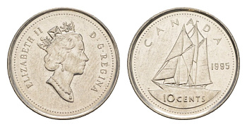 Канада 10 центов 1995 Елизавета II (1952-2022), парусник KM 183 никель 4630-846