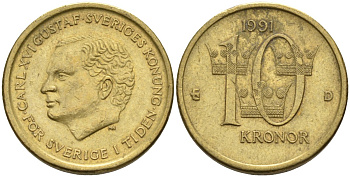 Швеция 10 крон 1991 D, Карл XVI Густав (1973- ) KM 877 медь алюминий цинк 4592-142