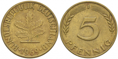 ФРГ 5 ПФЕННИГОВ 1969 J KM 107, J. 382 сталь плакированная латунью 4396-1633
