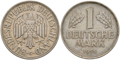 ФРГ 1 марка 1956 G KM 110, J. 385 медно-никель 4159-1033