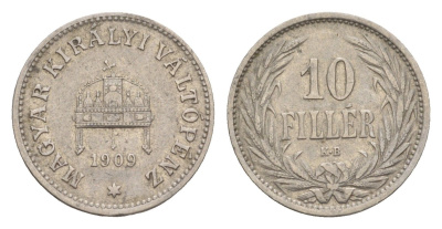 Венгрия 10 филлеров 1909 KB, Франц Иосиф (1848-1916) KM 482 никель 4651-1036