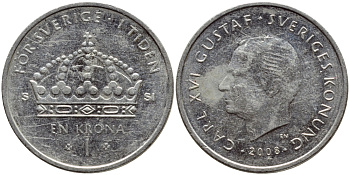 Швеция 1 крона 2008 Карл XVI Густав (1973- ) KM 894 медно-никель 87-814