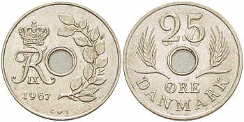 ДАНИЯ 25 ЭРЕ 1967 С; S, ФРЕДЕРИК IX (1947-1972) KM 855.1 медно-никель 3851-932
