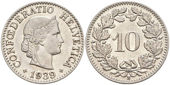 Швейцария 10 раппенов 1939 B KM 27b никель     201-357