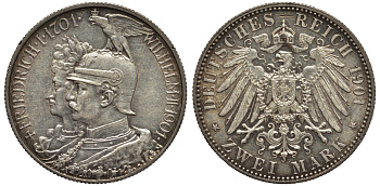 Пруссия 2 марки 1901 A, 200 лет Прусской королевской династии (Фридрих I - Вильгельм II) J.105, Weege 105, KM 525 серебро 02-014-41