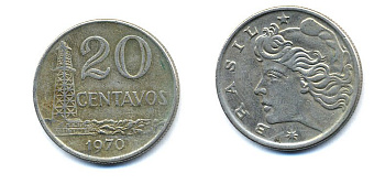 Бразилия 20 сентаво 1970 голова Свободы влево KM 579.2, Schon 84a медно-никель 51-4635