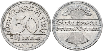 Германия 50 пфеннигов 1920 A KM 27, J.301, Weege 10 алюминий UNC 4584-716
