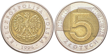 Польша 5 злотых 1994 Y 284 биметалл aUNC 4122-716