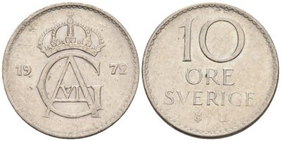 Швеция 10 эре 1972 Густав VI Адольф (1950-1973) KM 835 медно-никель 4585-413