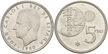Испания 5 песет 1980 (80), Хуан Карлос , чемпионат мира по футболу, Испания 1982 KM 817 медно-никель UNC 3853-116