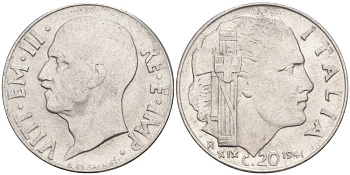 ИТАЛИЯ 20 ЧЕНТЕЗИМО 1941 R, ГОД XIX, ВИКТОР ЭММАНУИЛ III (1900-1946) KM 75b, VEM3. 1028 нержавеющая сталь 3853-722