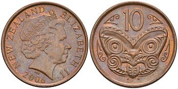 Новая Зеландия 10 центов 2006 маска Маори, Елизавета II (1952-) KM 117а сталь плакированная медью 186-434