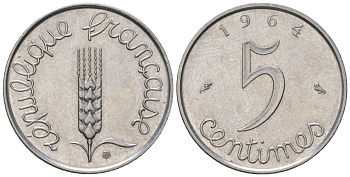 Франция 5 сантимов 1964 KM 927, Le Franc 124/6 нержавеющая сталь UNC 4164-1141