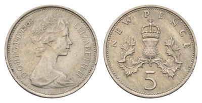 Великобритания 5 пенсов 1969 Елизавета II (1952-2022) KM 911, Spink 4233 (D1) медно-никель 4671-1155