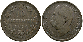 Италия 10 чентезимо 1894 B/I, Умберто I (1878-1900) KM 27.1 медь 4381-142