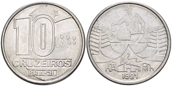 Бразилия 10 крузейро 1990 золотодобыча KM 619.1 нержавеющая сталь 4179-541