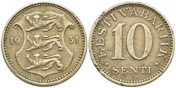 Эстония 10 центов 1931 Республика (1928-1940) KM 12 никель бронза 112-525
