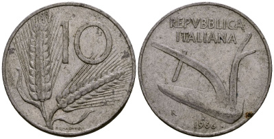 Италия 10 лир 1966 KM 93 алюминий 4176-231