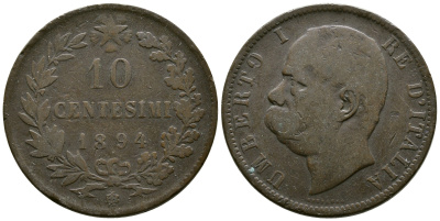 Италия 10 чентезимо 1894 B/I, Умберто I (1878-1900) KM 27.1 медь 4381-142
