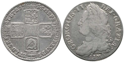 Великобритания 1 шиллинг 1745 Георг II (1727-1760), Лимский шиллинг KM 583.2, Spink 3703 серебро 1518-1243