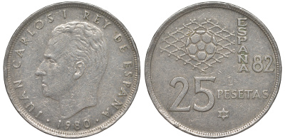 Испания 25 песет 1980 (80) чемпионат мира по футболу в Испании 1982 года, Хуан Карлос I (1975-) KM 818 медно-никель 45-726