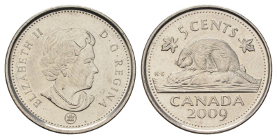 Канада 5 центов 2009 Leaf, Елизавета II (1952-2022), бобр KM 491 сталь плакированная никелем 4689-521