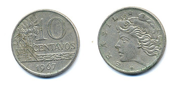 БРАЗИЛИЯ 10 СЕНТАВО 1967 KM 578.1 медно-никель 51-5144
