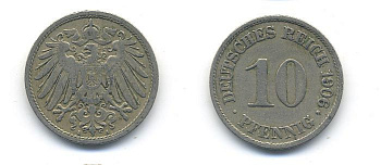 ГЕРМАНИЯ 10 ПФЕННИГОВ 1906 A KM 12, J. 13 медно-никель 58-245