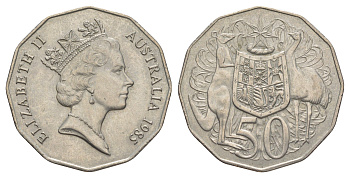 Австралия 50 центов 1985 редкий год, Елизавета II (1952-2022), герб Австралии, кенгуру KM 83 медно-никель 4381-144