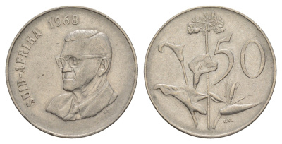 ЮАР 50 центов 1968 Окончание президентства Чарльза Сварта, Suid Africa, легенда на африкаанс KM 79.2 никель 4601-933