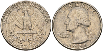 США 25 центов = квотер 1989 Вашингтон, D KM А164а медь плакированная медно-никелем    08-521