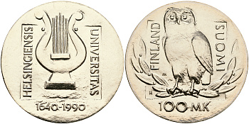 Финляндия 100 марок 1990 350 лет Университету в Хельсенки, лира, сова KM 68 серебро UNC 1066-4-33