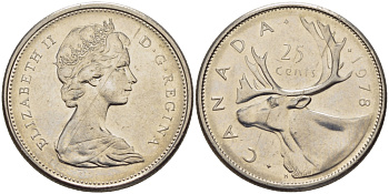 КАНАДА 25 ЦЕНТОВ 1978 ОЛЕНЬ, ЕЛИЗАВЕТА II KM 62b никель 67-847