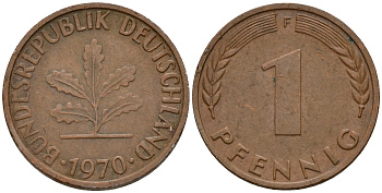 ФРГ 1 пфенниг 1970 F KM 105, J. 380 сталь плакированная медью    4598-447