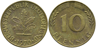 ФРГ 10 ПФЕННИГОВ 1970 J KM 108, J.383 сталь плакированная латунью 98-432