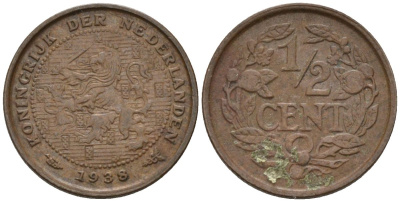 Нидерланды 1/2 цента 1938 Вильгельмина (1890-1948) KM 138 бронза 4588-961